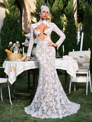 Long Sleeve Flower Cutout Lace Maxi Dress