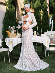 Long Sleeve Flower Cutout Lace Maxi Dress