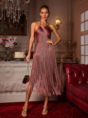 Halterneck Fringe Midi Dress