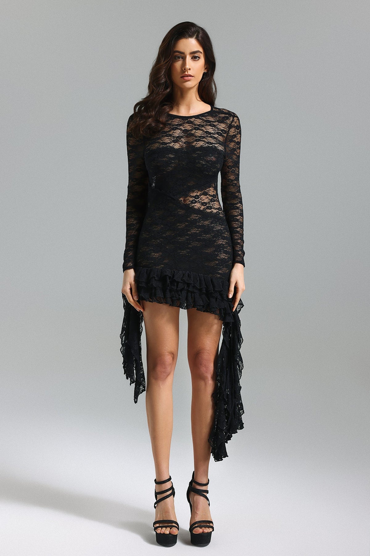 Lace Asymmetrical Hem Mini Dress