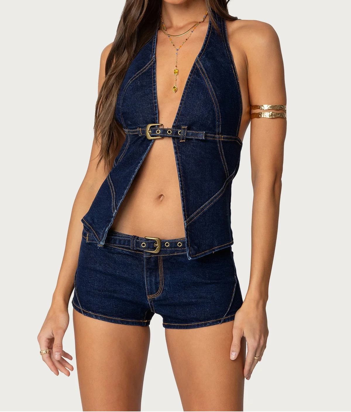 Split Front Denim Halter Top