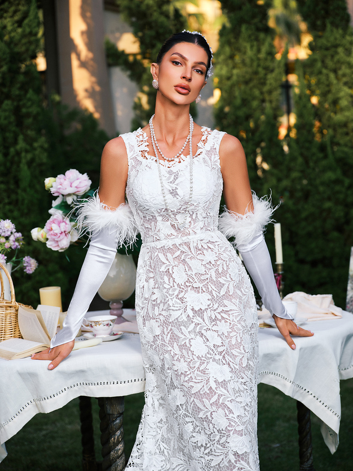 Plunge Neck Floral Lace Maxi Dress