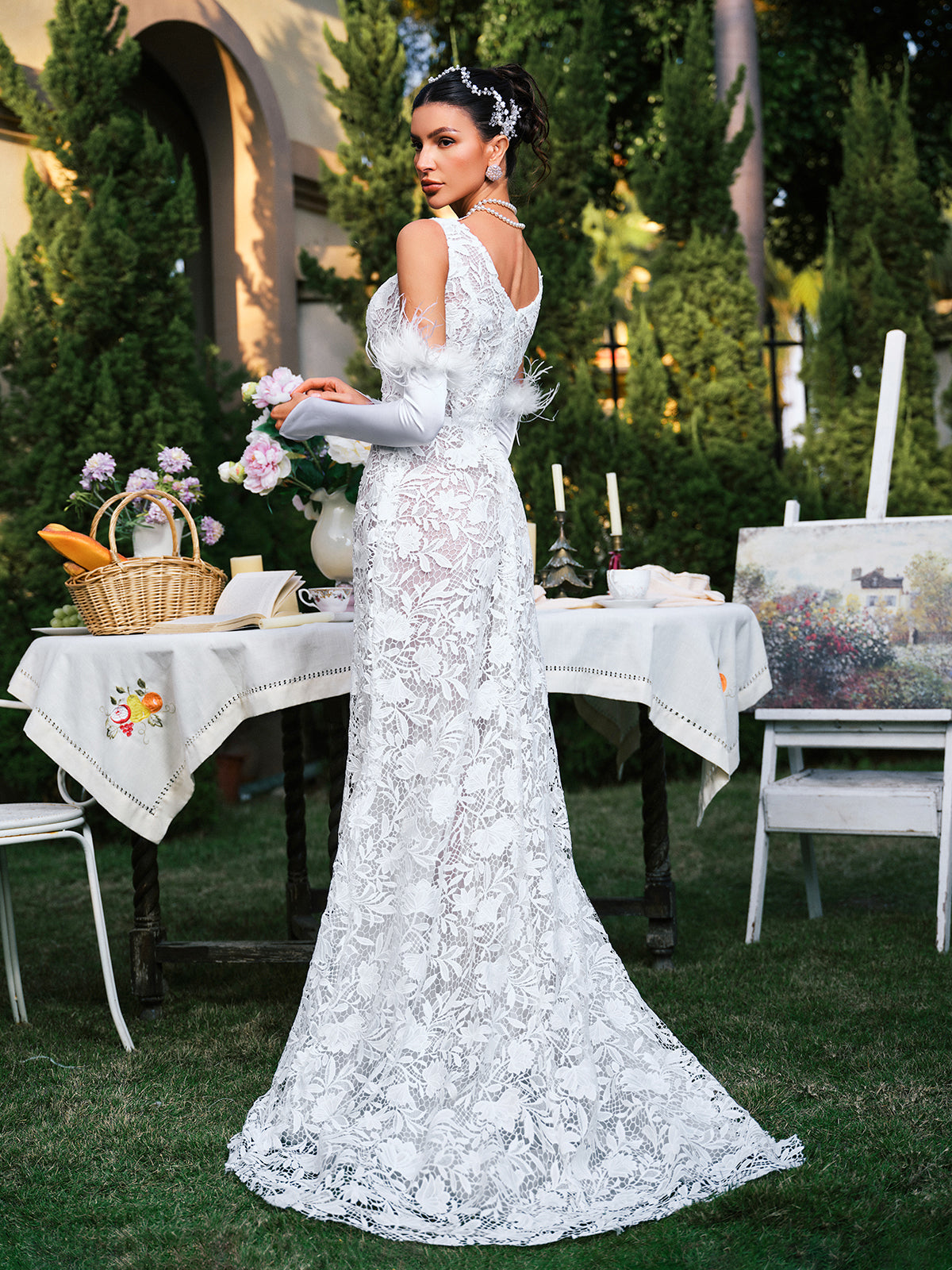 Plunge Neck Floral Lace Maxi Dress