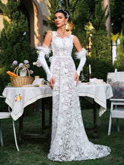 Plunge Neck Floral Lace Maxi Dress