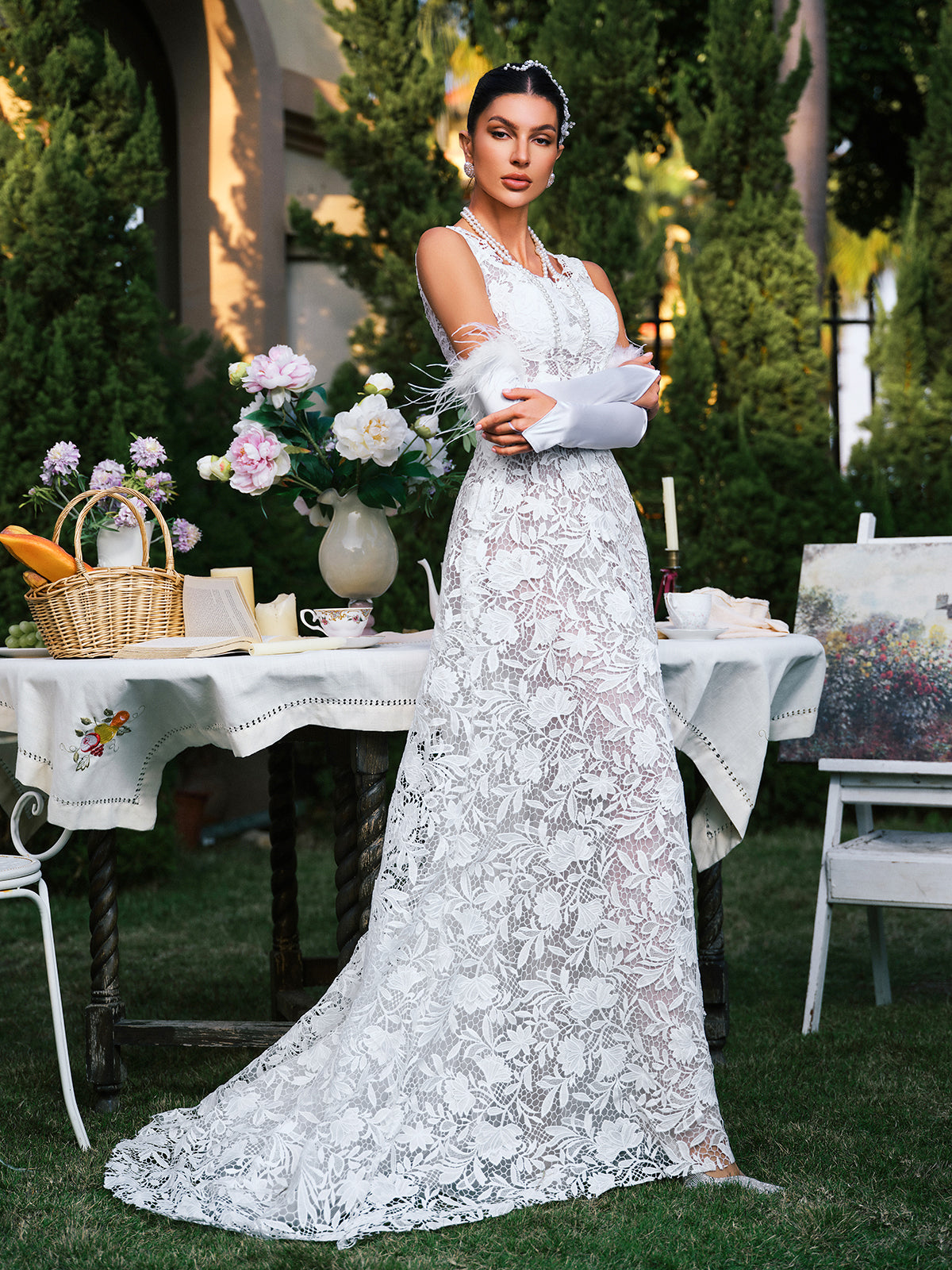 Plunge Neck Floral Lace Maxi Dress
