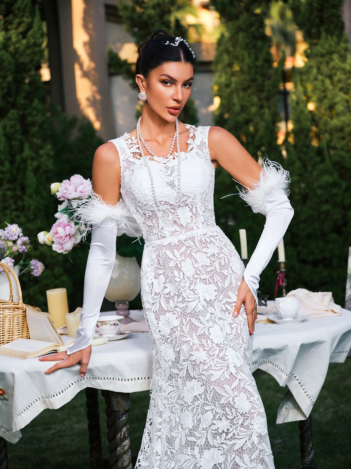 Plunge Neck Floral Lace Maxi Dress
