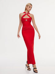 Robe longue bandage froncée à motif étoile de mer 