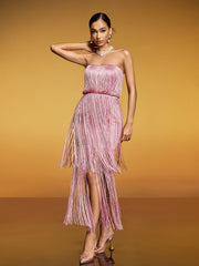 Robe longue bustier à franges et sequins 