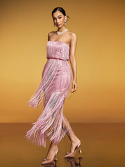 Robe longue bustier à franges et sequins 
