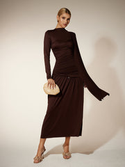 Robe midi drapée à manches longues 