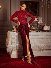 Flower Ruched Split Lace Velvet Maxi Dress
