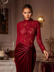 Flower Ruched Split Lace Velvet Maxi Dress