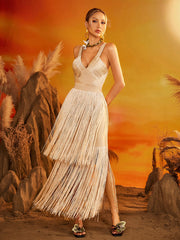 Robe longue bandage à franges et col en V couleur abricot 