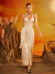 Robe longue bandage à franges et col en V couleur abricot 