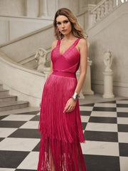 Robe longue bandage à franges et col en V rose fuchsia 