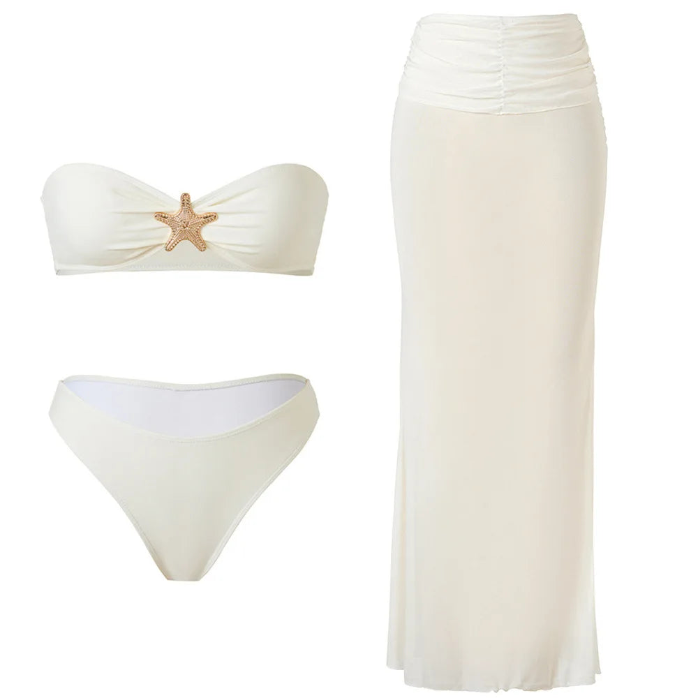 Elegant Sets 3 Piece Bikini Set Solid Color with Sheer Mesh Long Dress Cover Up White