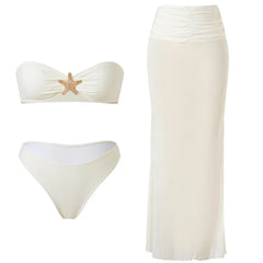 Elegant Sets 3 Piece Bikini Set Solid Color with Sheer Mesh Long Dress Cover Up White