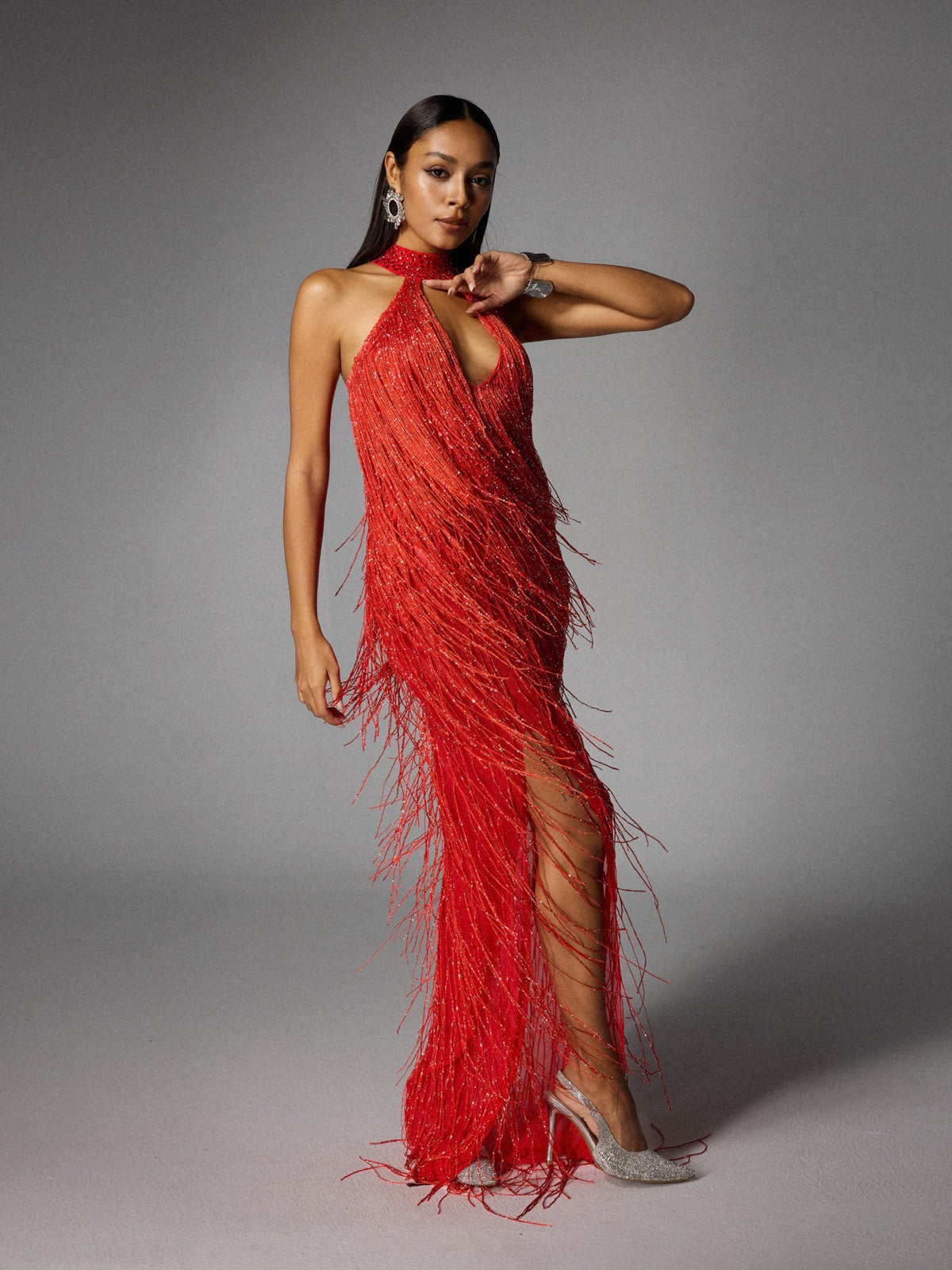 Halterneck Fringe Cutout Split Maxi Dress In Red