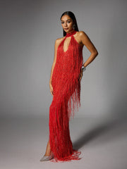 Halterneck Fringe Cutout Split Maxi Dress In Red