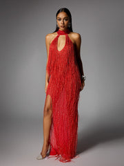 Halterneck Fringe Cutout Split Maxi Dress In Red
