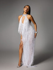 Halterneck Fringe Cutout Split Maxi Dress In White