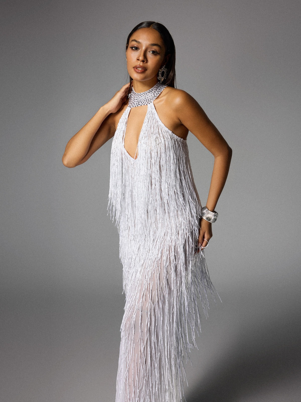 Halterneck Fringe Cutout Split Maxi Dress In White
