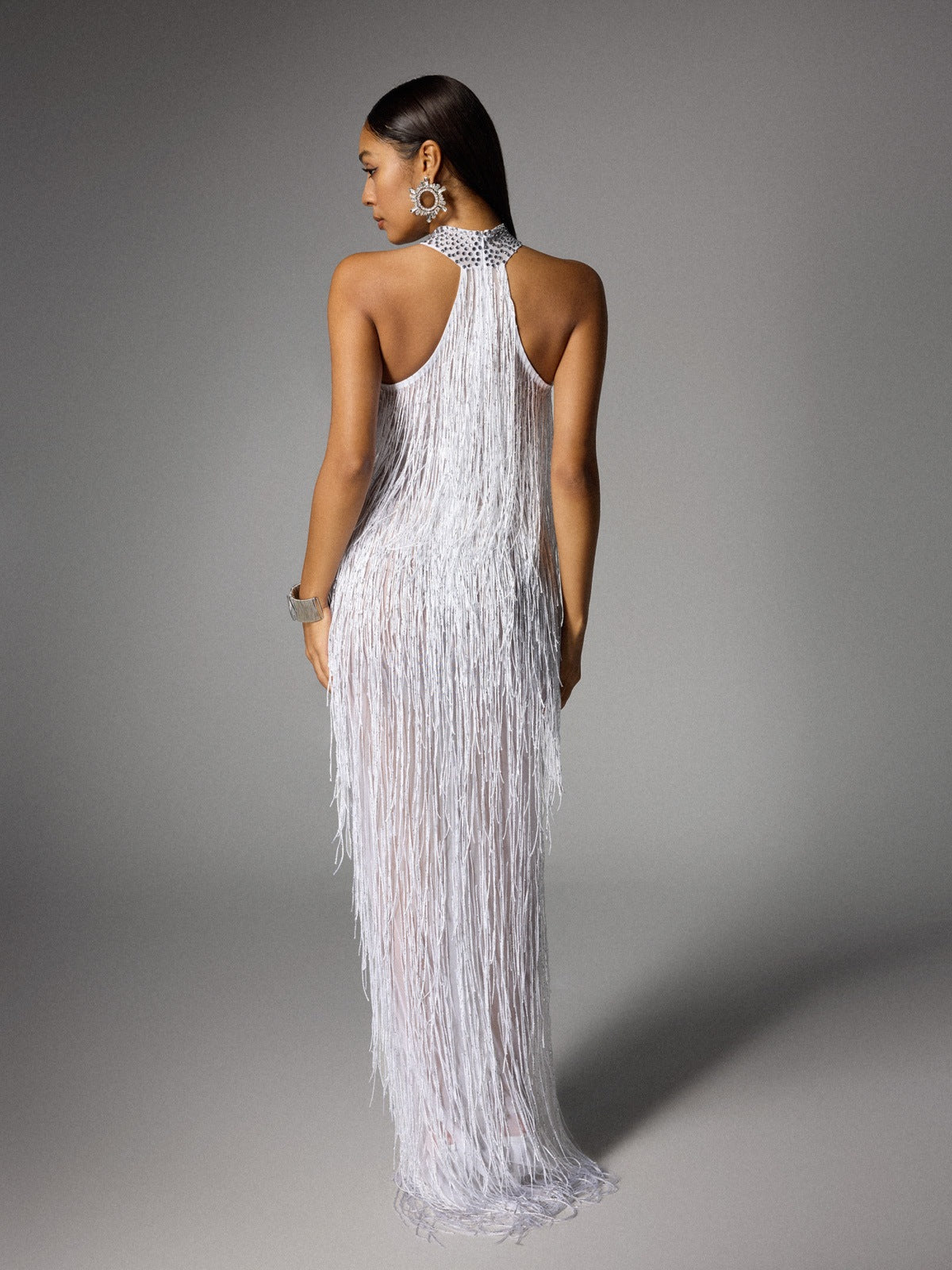 Halterneck Fringe Cutout Split Maxi Dress In White