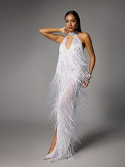 Halterneck Fringe Cutout Split Maxi Dress In White