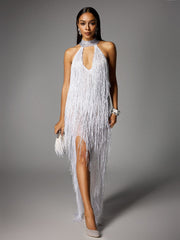 Halterneck Fringe Cutout Split Maxi Dress In White