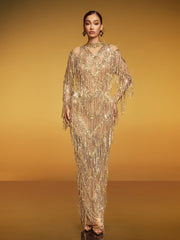 Robe longue à franges et sequins 