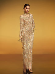 Robe longue à franges et sequins 