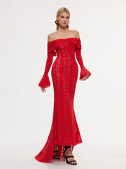 Robe longue en dentelle à épaules dénudées 