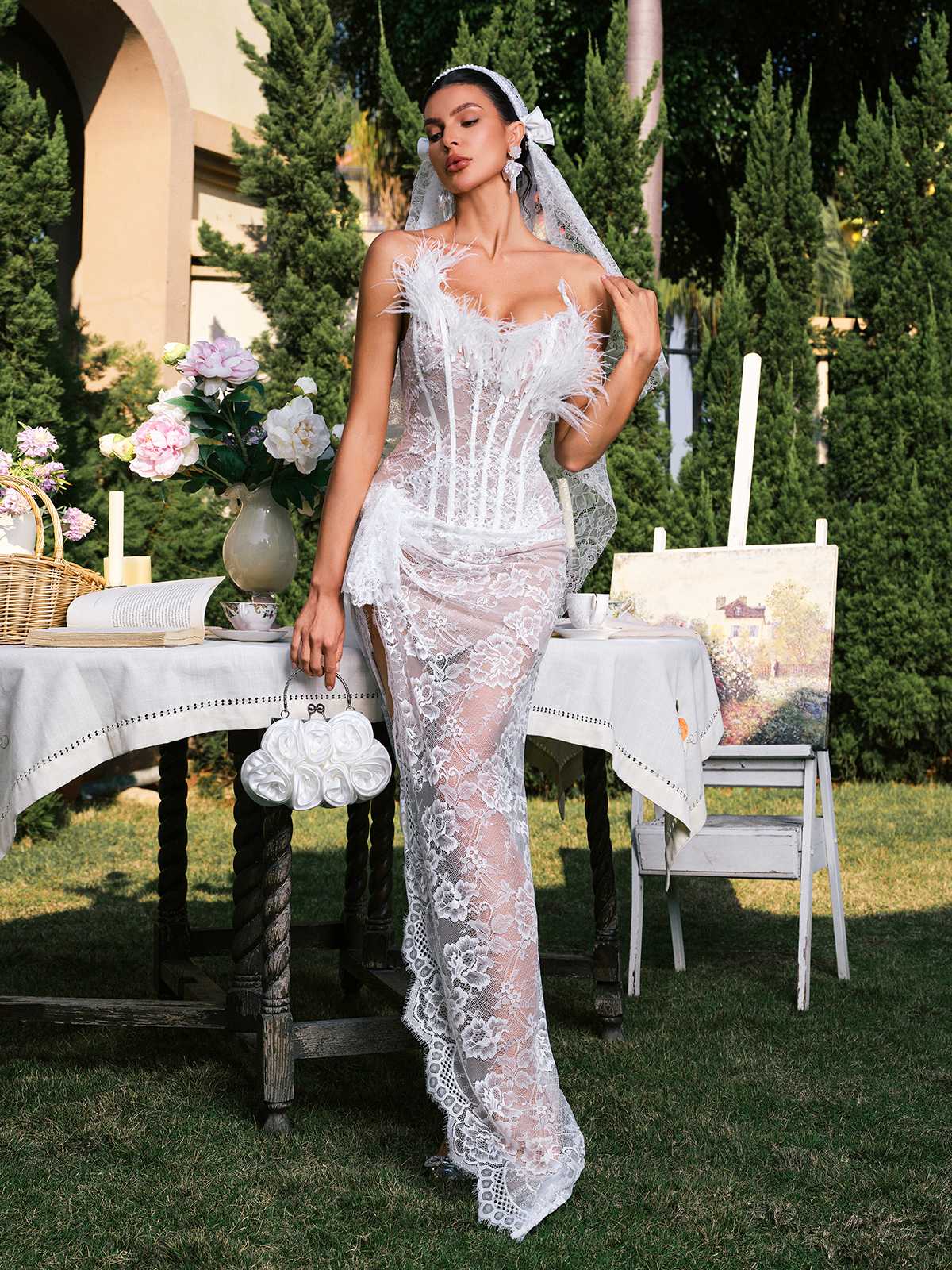 Strapless Corset Split Lace Maxi Dress