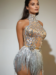 Ensemble jupe à franges strass et dos nu argenté