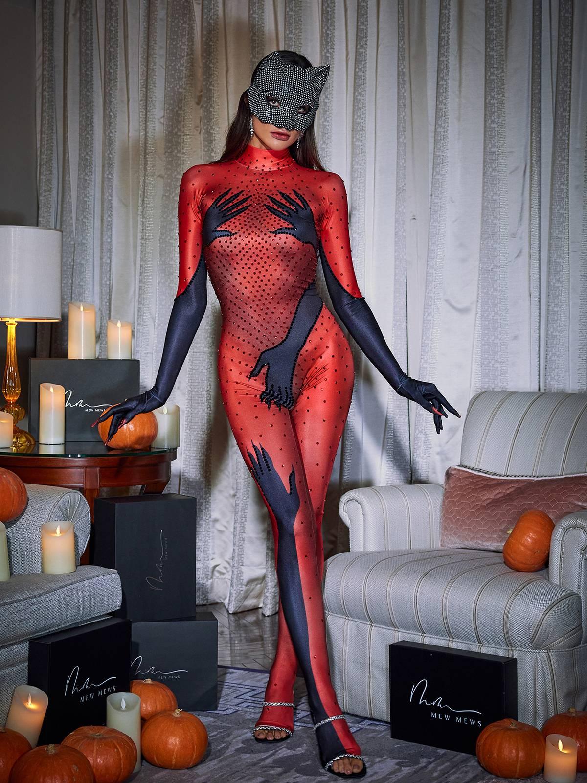 Hands Printed Rhinestone Gloves Jumpsuit In Red