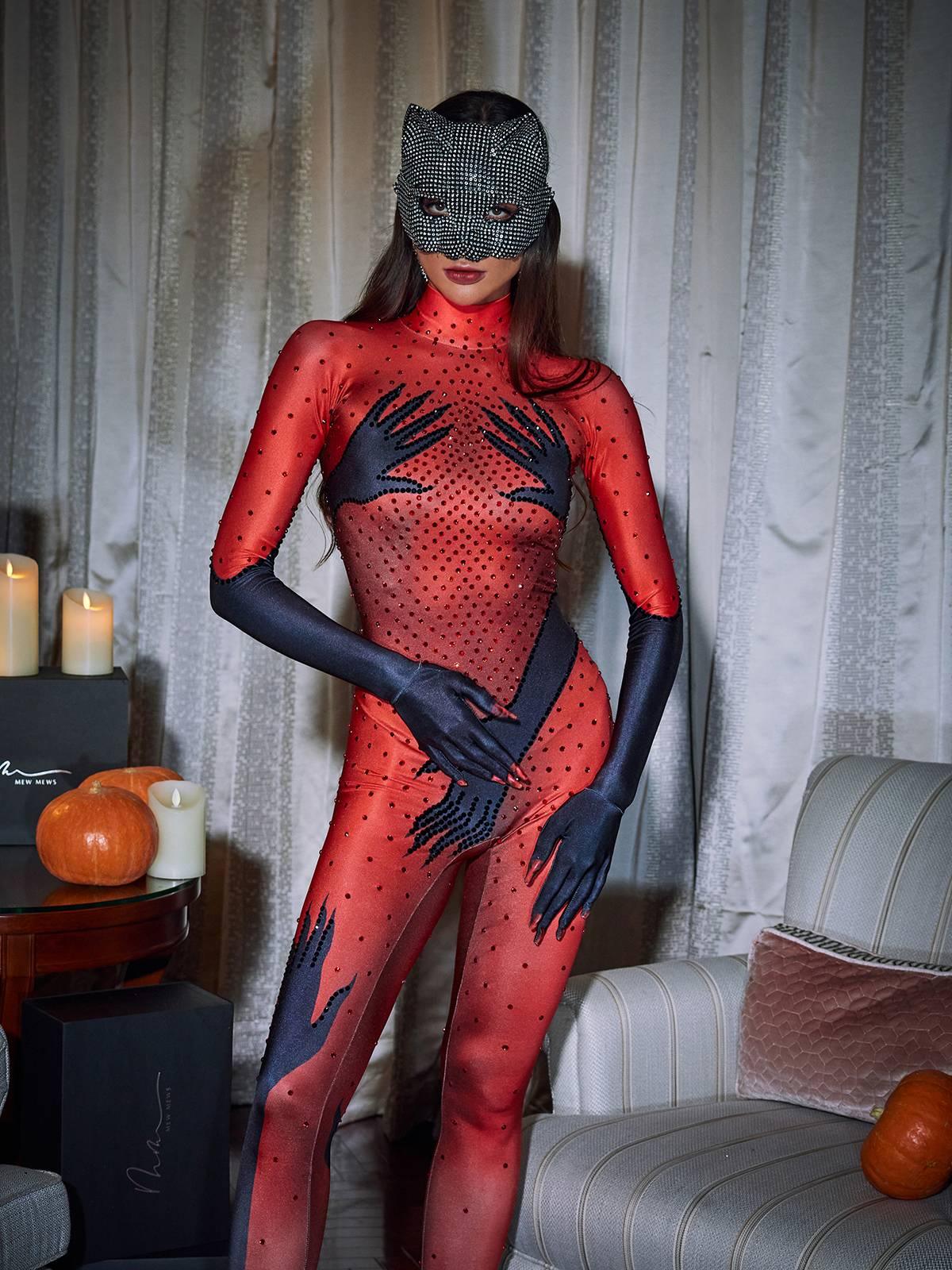 Hands Printed Rhinestone Gloves Jumpsuit In Red