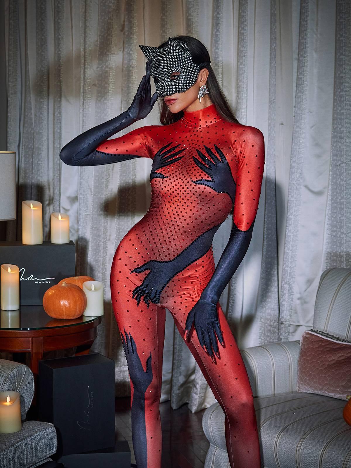 Hands Printed Rhinestone Gloves Jumpsuit In Red