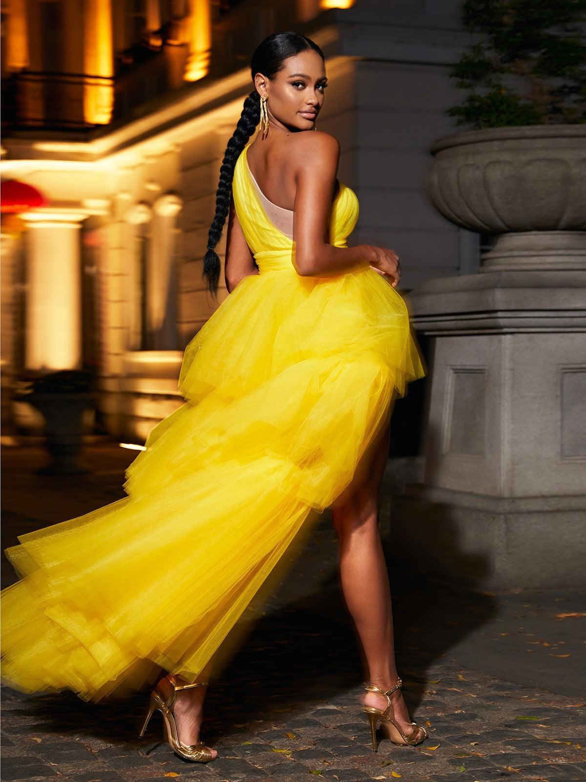 One Shoulder Tulle Maxi Dress
