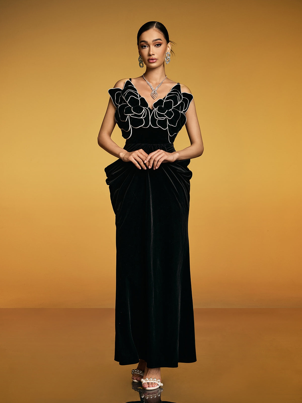Spaghetti Flower Velvet Maxi Dress