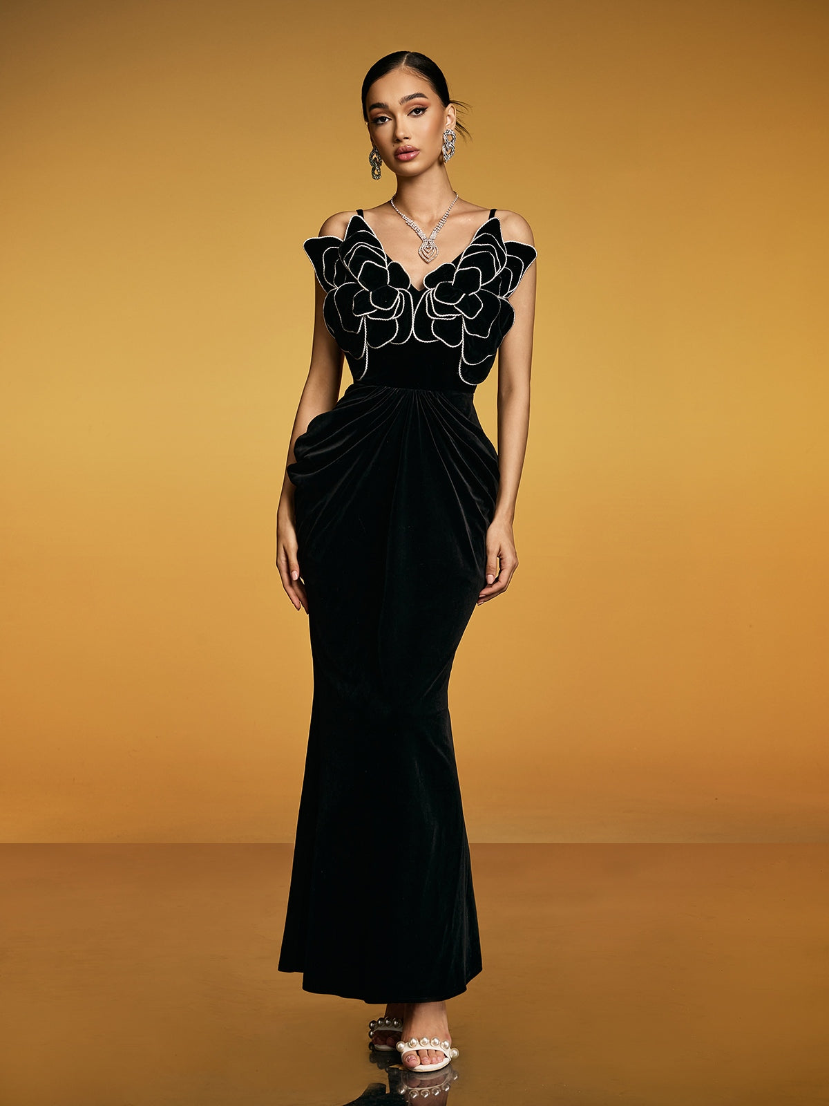 Spaghetti Flower Velvet Maxi Dress