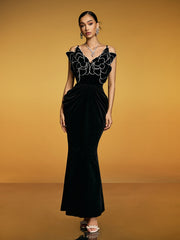 Spaghetti Flower Velvet Maxi Dress