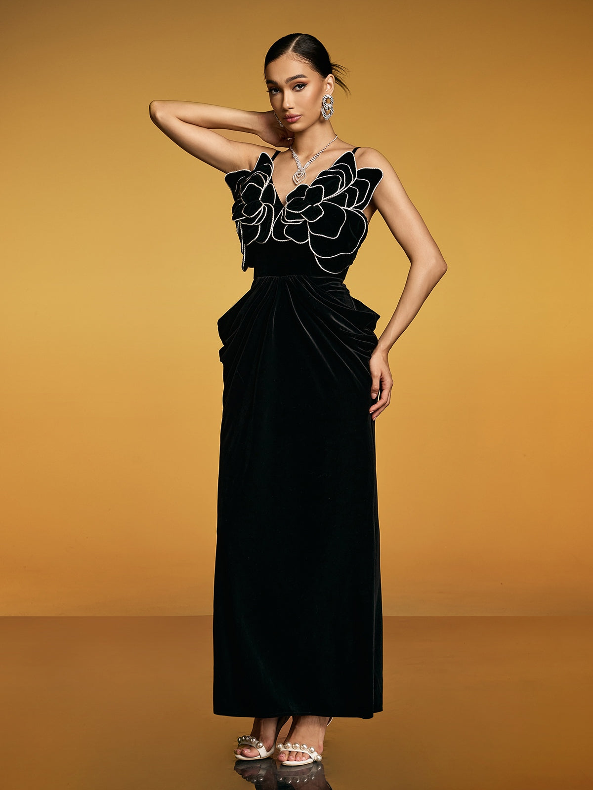 Spaghetti Flower Velvet Maxi Dress