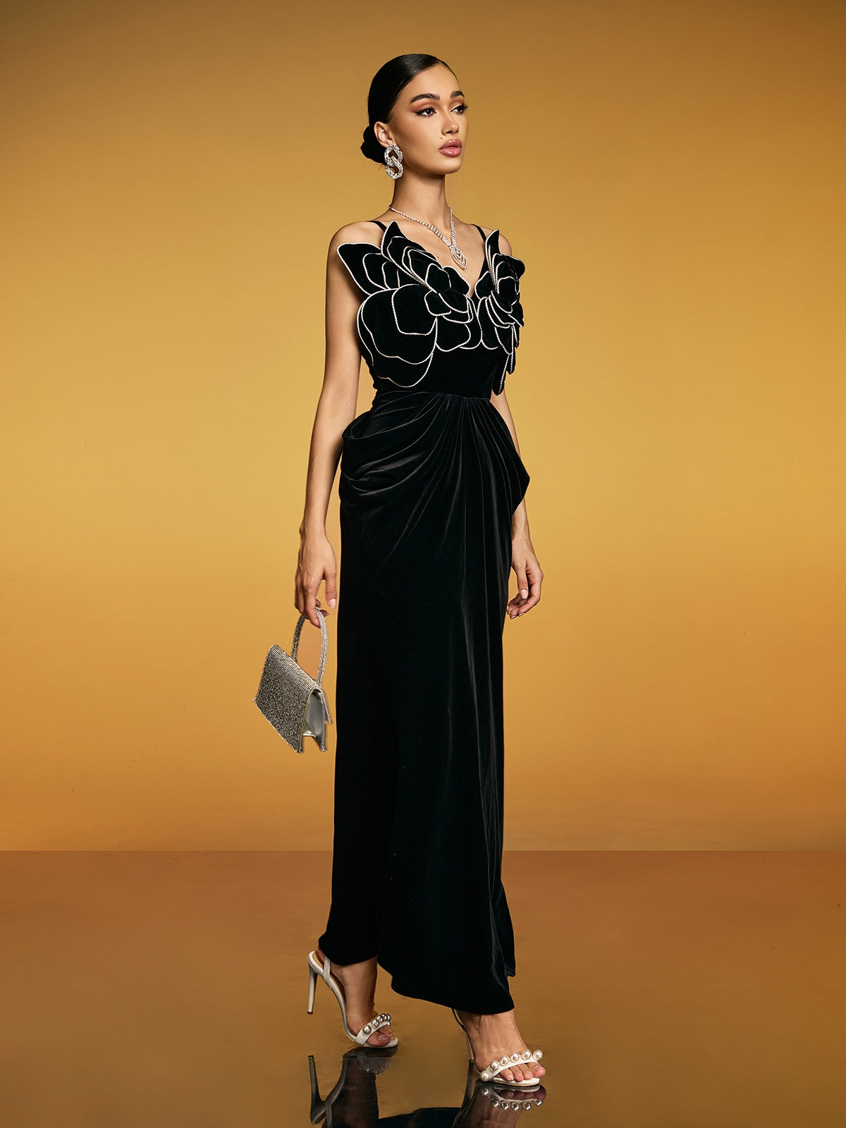 Spaghetti Flower Velvet Maxi Dress