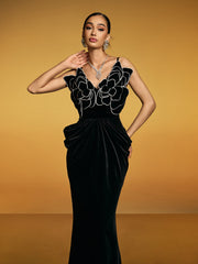 Spaghetti Flower Velvet Maxi Dress