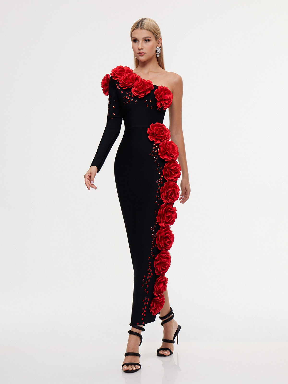 One Shoulder Flower Bandage Maxi Dress