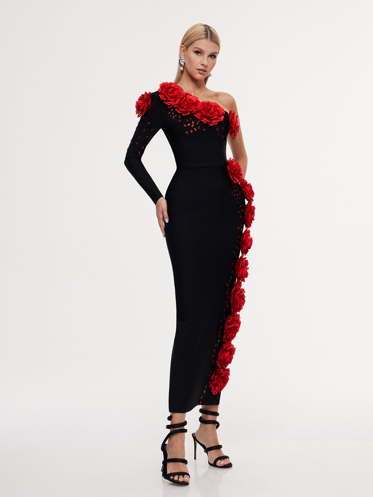 One Shoulder Flower Bandage Maxi Dress