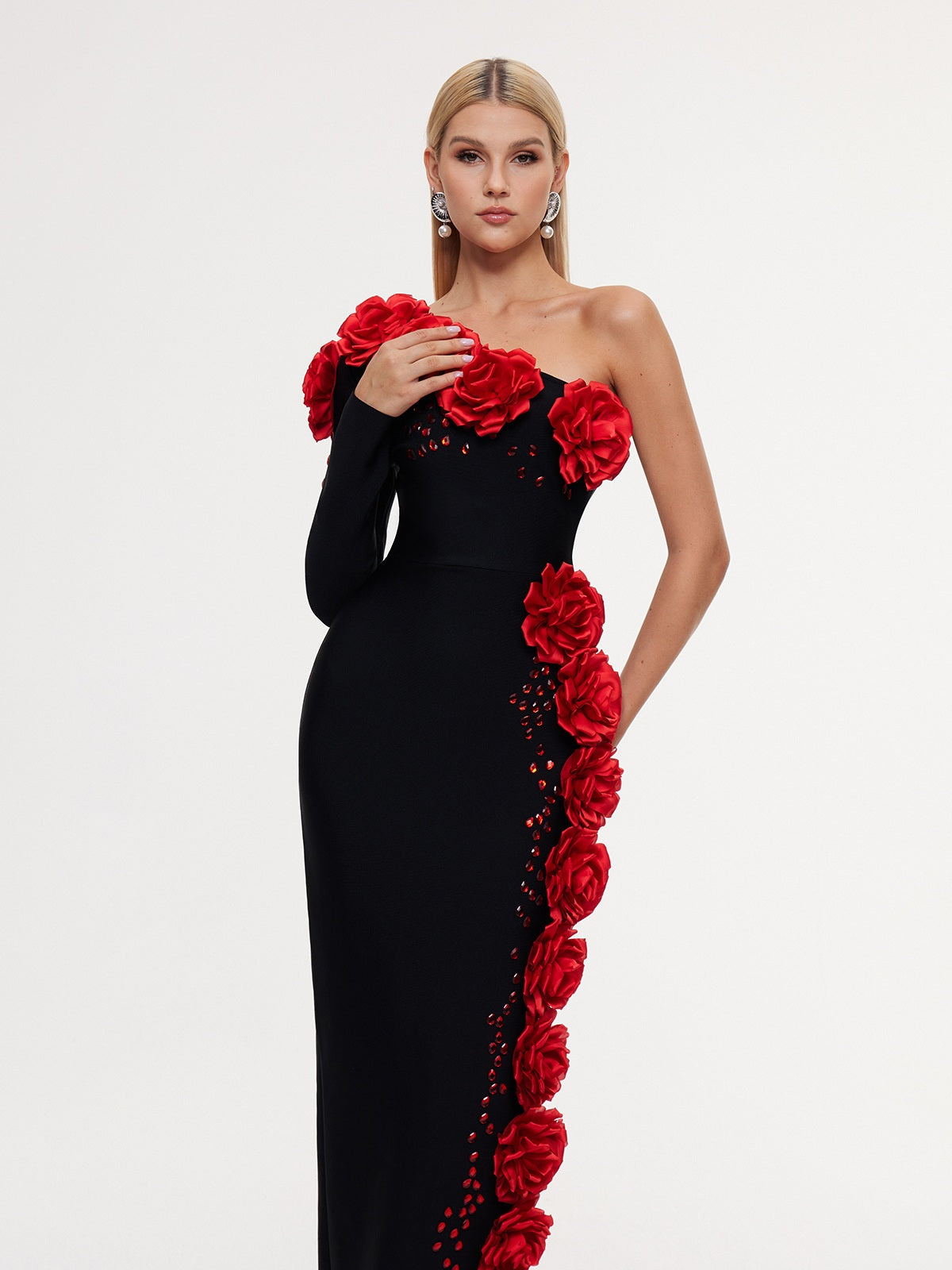 One Shoulder Flower Bandage Maxi Dress