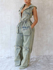 Vintage Hoodie Denim Jumpsuits