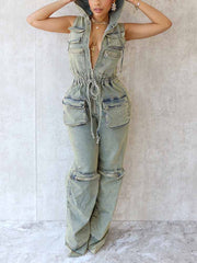 Vintage Hoodie Denim Jumpsuits