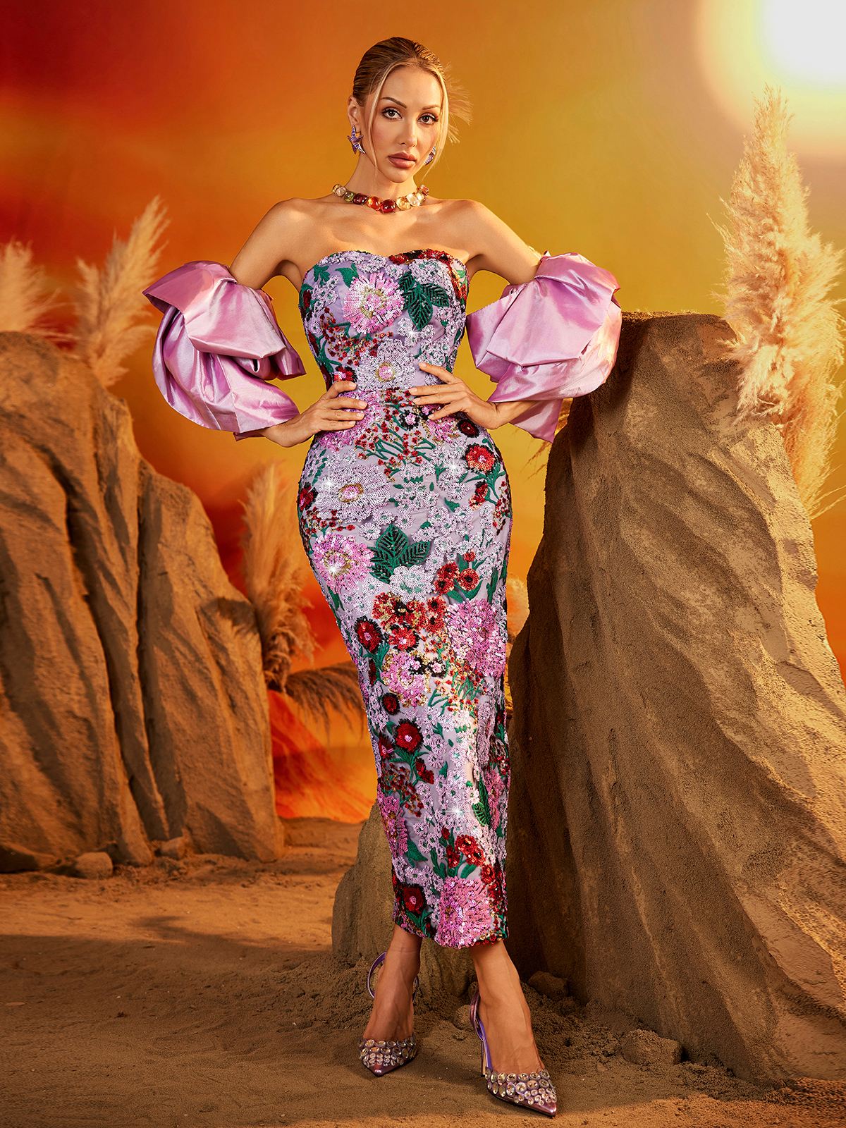Puff Sleeve Floral Midi Dress